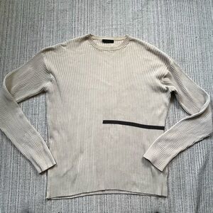 Vintage Beige Ribbed Sweater with Black Stripe Size L